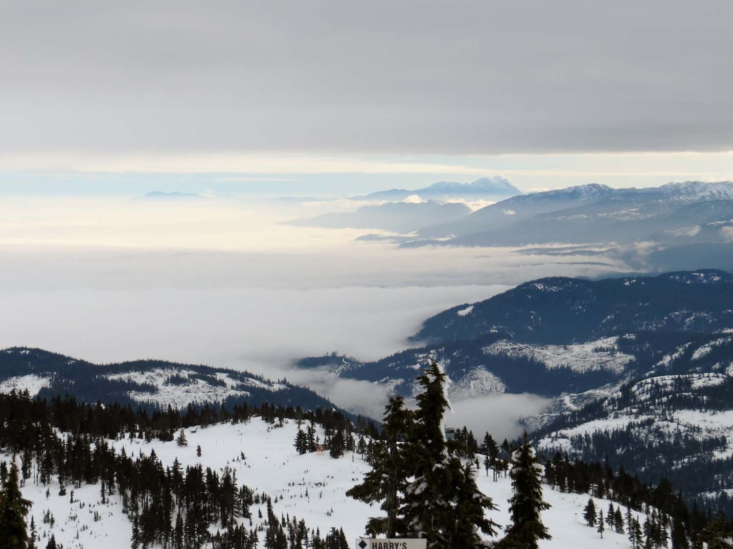 Besneeuwde bergen met mist rollen van de oceaan