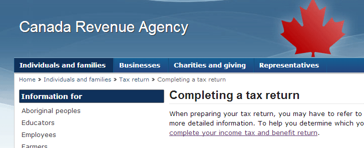 Filing a tax return in Canada on a working holiday - CRA website screenshot