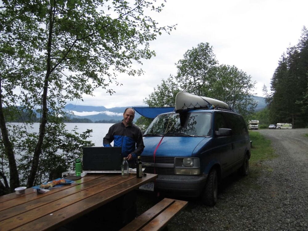 Cooking at Lois Lake Rec Site, a great free campsite choice in British Columbia