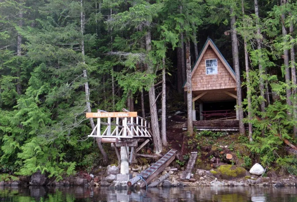 Basic A frame cabin surrounded by forest on shore, seen from canoe