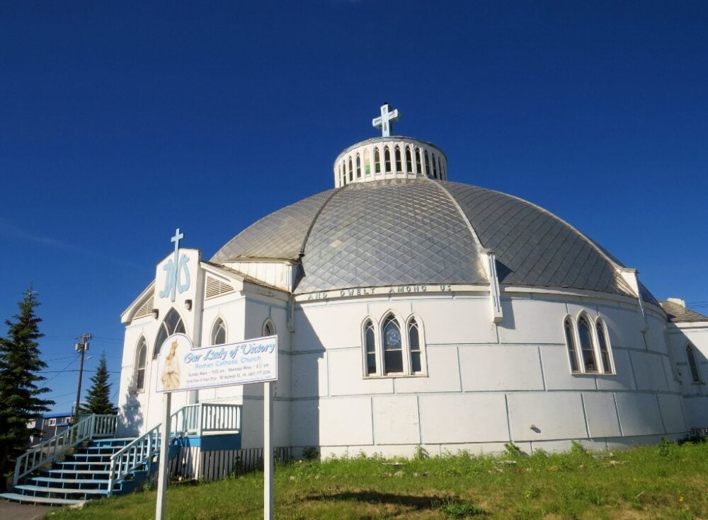 Silver, round church in Inuvik, Canada