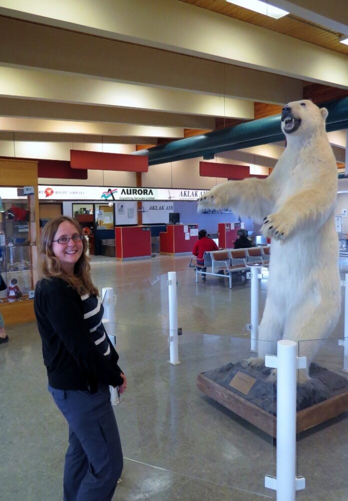 Gemma with a polar bar at the Inuvik airport