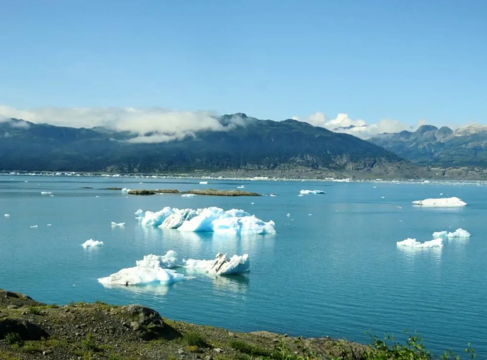 Looking down at icebergs in Columbia Bay, Alaska