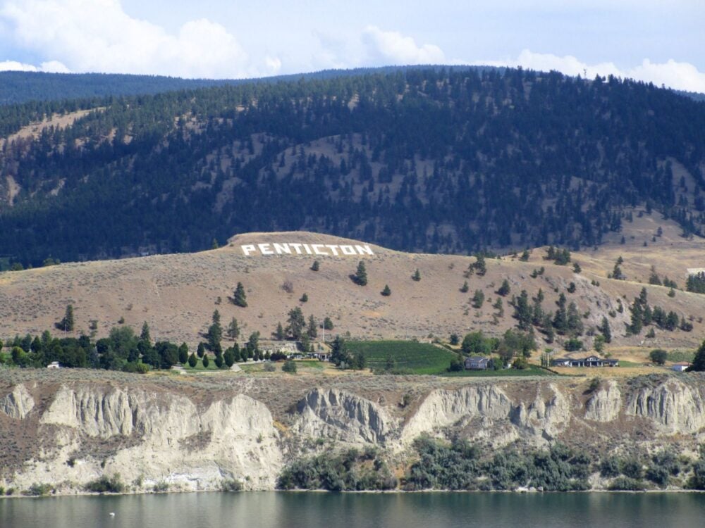 View of Penticton town sign above Okanagan Lake