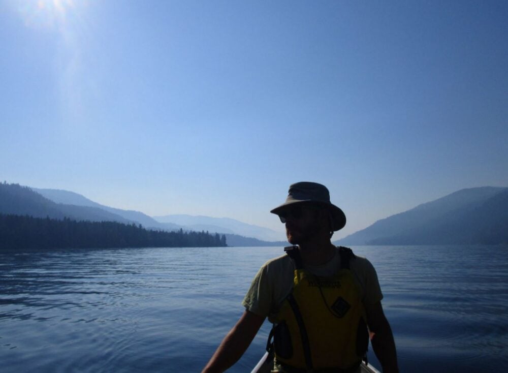 JR canoe paddling on Christina Lake on the way to Gladstone Provincial Park