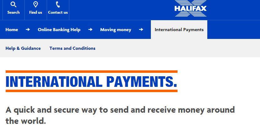 Halifax bank website screenshot with international payments info