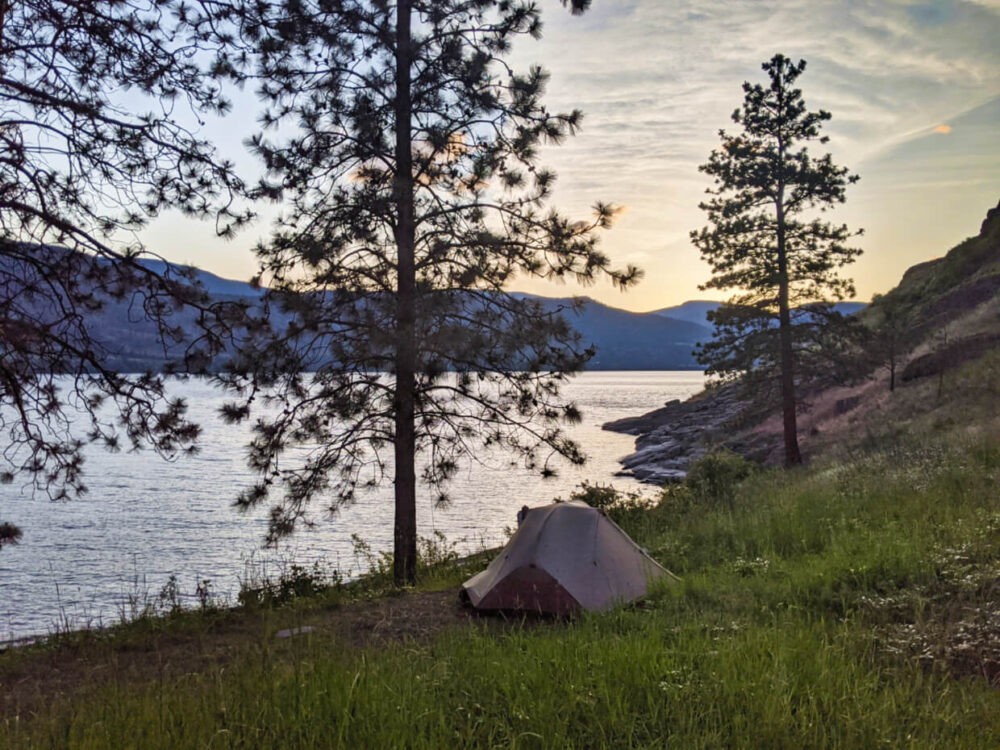 Grey tent set up in grassy area above beach at Buchan Bay, with sunset views of Okanagan Lake