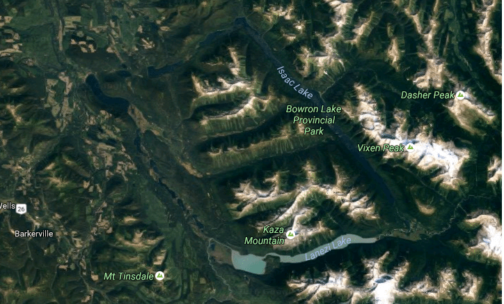 Satellite view of Bowron Lakes Canoe Circuit from above