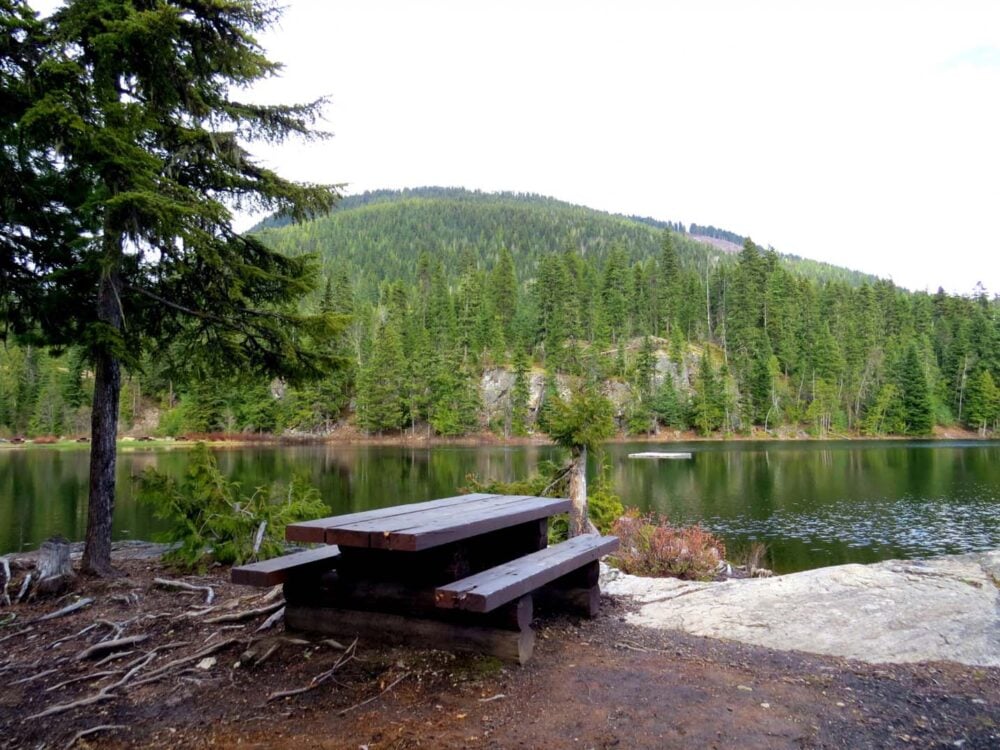 Echo Lake Recreational Site near Revelstoke - view of picnic table in front of lake