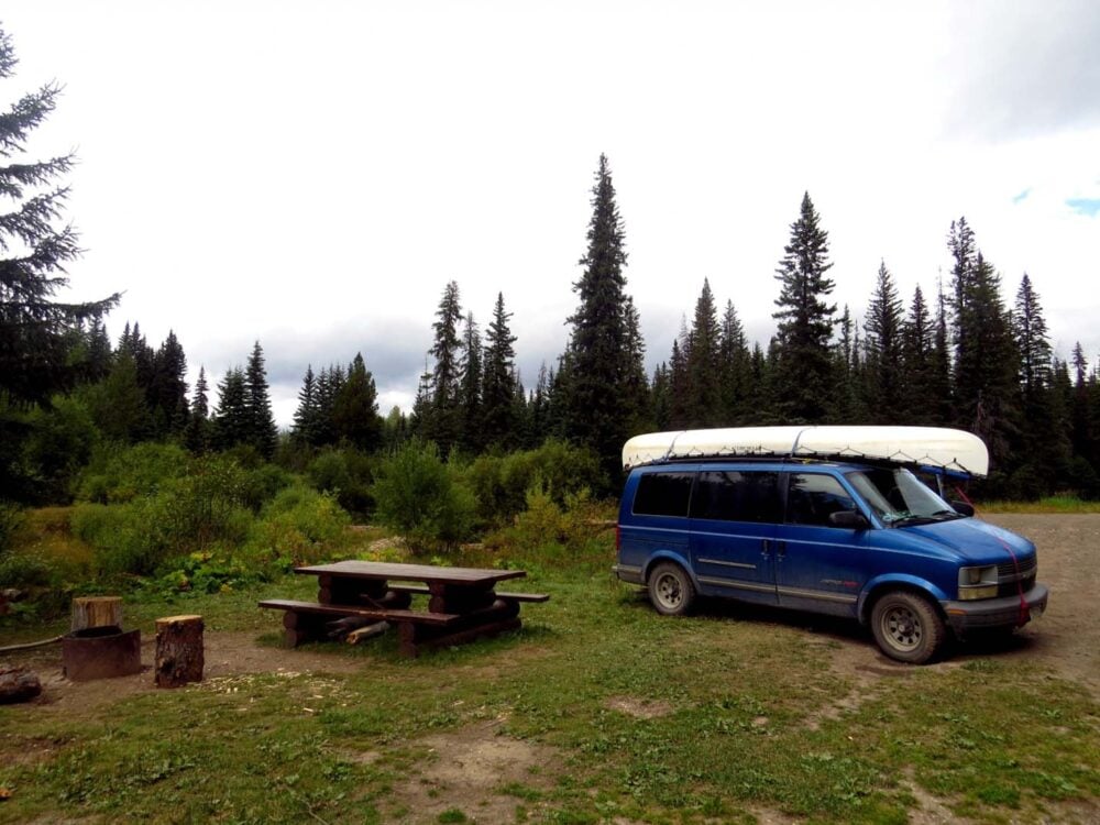 Van next to picnic table at Flatbed Creek Recreational Site, Tumbler Ridge