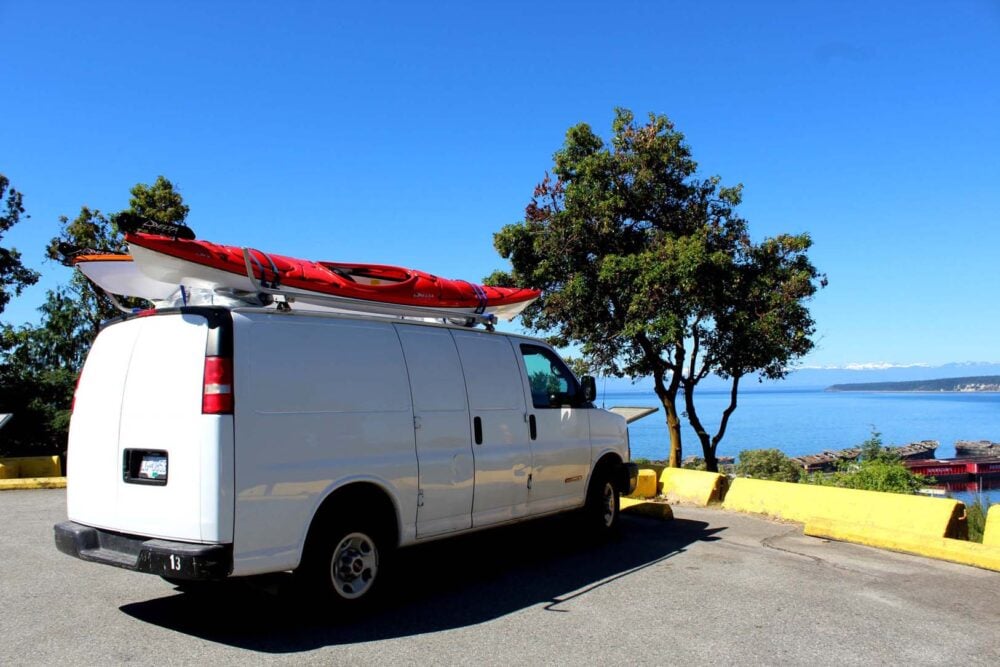 Views of Sunshine Coast with GMC Savana van and kayaks