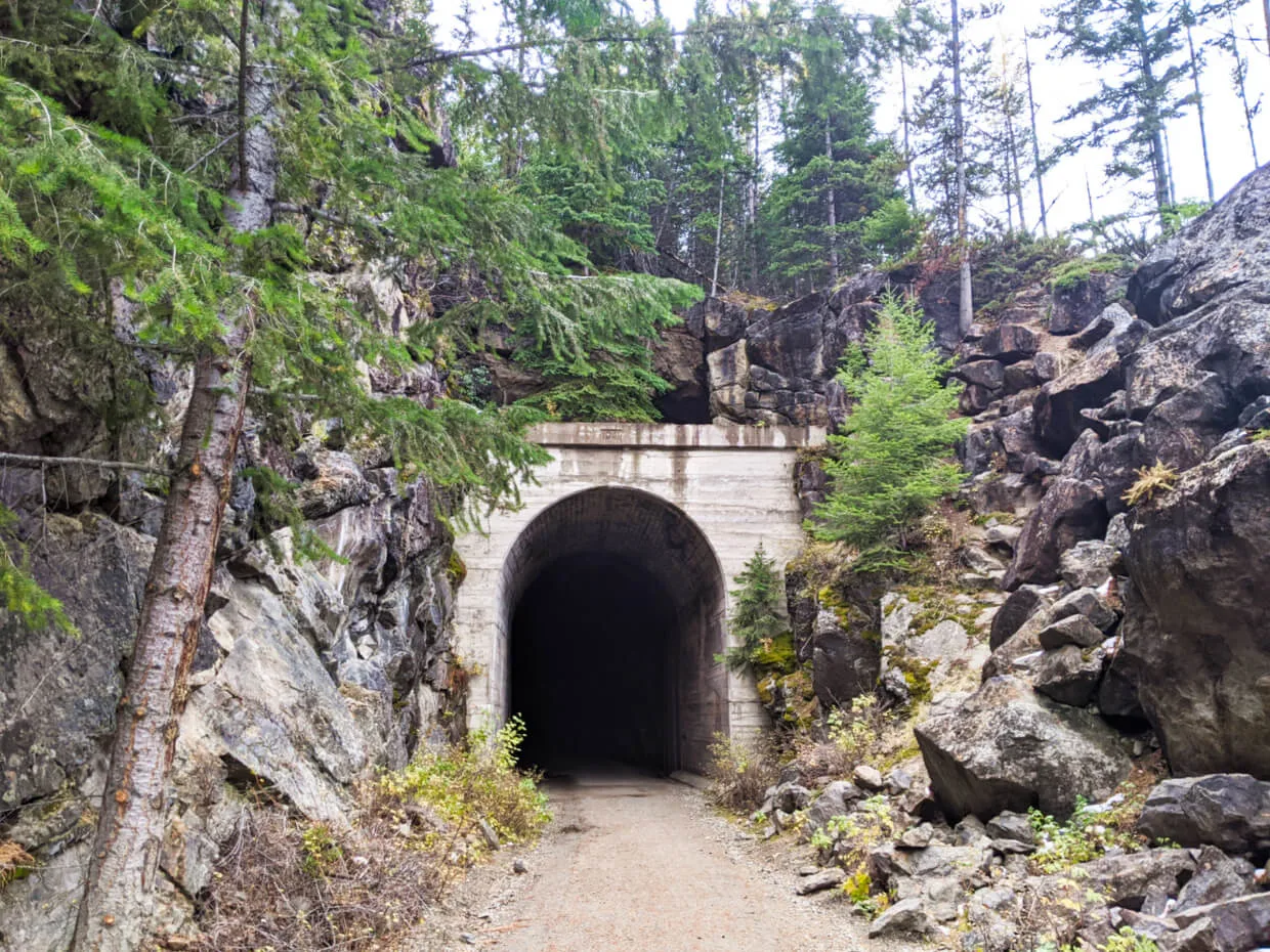 One of the two tunnels on Myra Canyon, this one has a rounded stone entrance