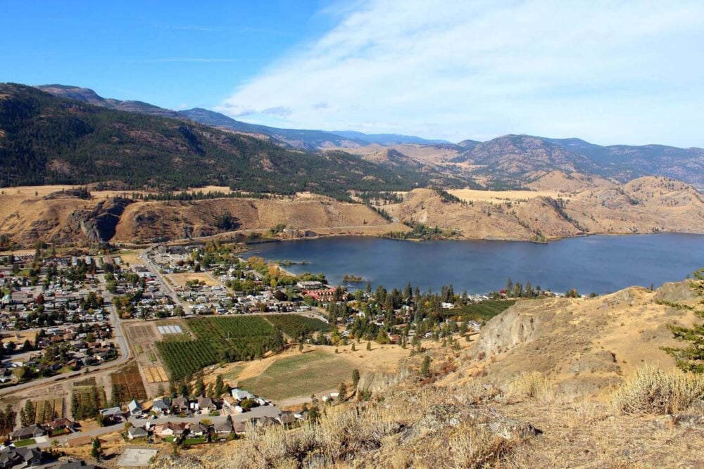 Looking down from Peach Cliff to Okanagan Falls, with vineyards and Okanagan Lake below