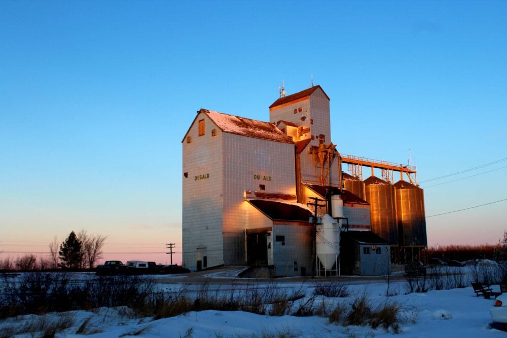 Grain elevator at dusk in winter in Eastern Winnipeg, Manitoba