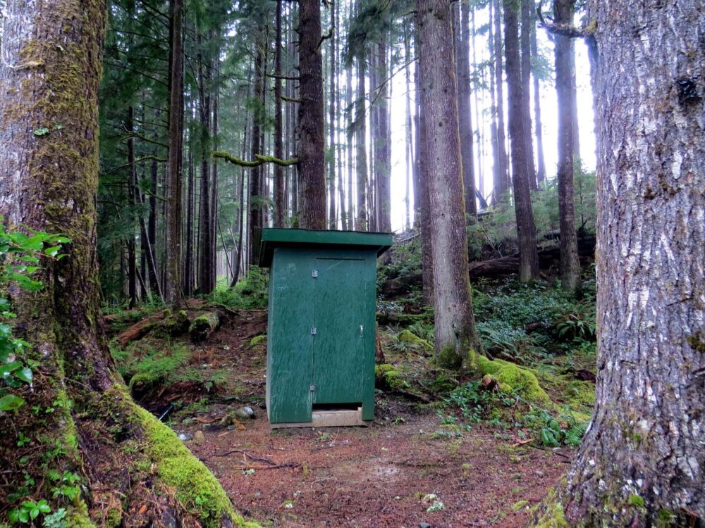 Example of free BC campsite outhouse in the middle of forest
