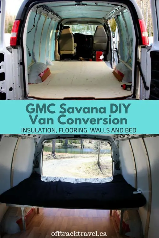 Check out the details of our GMC Savana DIY Van Conversion's flooring, insulation, wall coverings and welded bed. - offtracktravel.ca