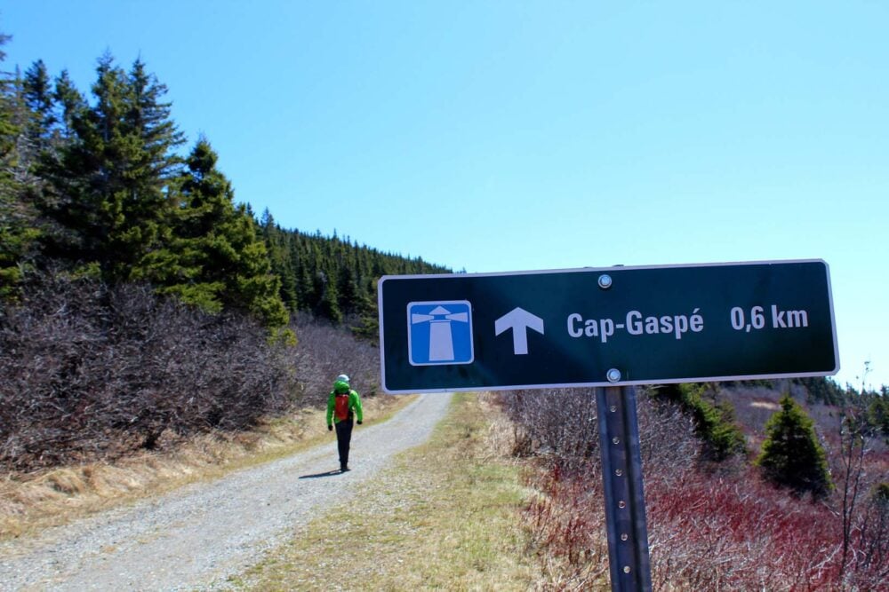 Back view of JR hiking past Cap Gaspe hike sign, Forillon National Park, Quebec