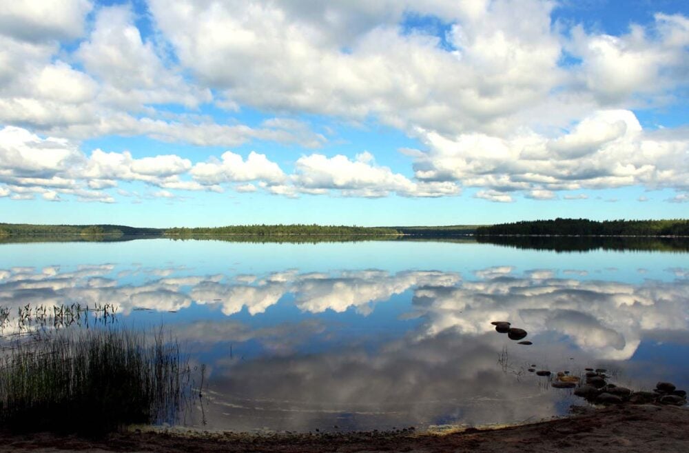 Looking out to a calm lake, with cloud reflections in water, in Kejimkujik National Park