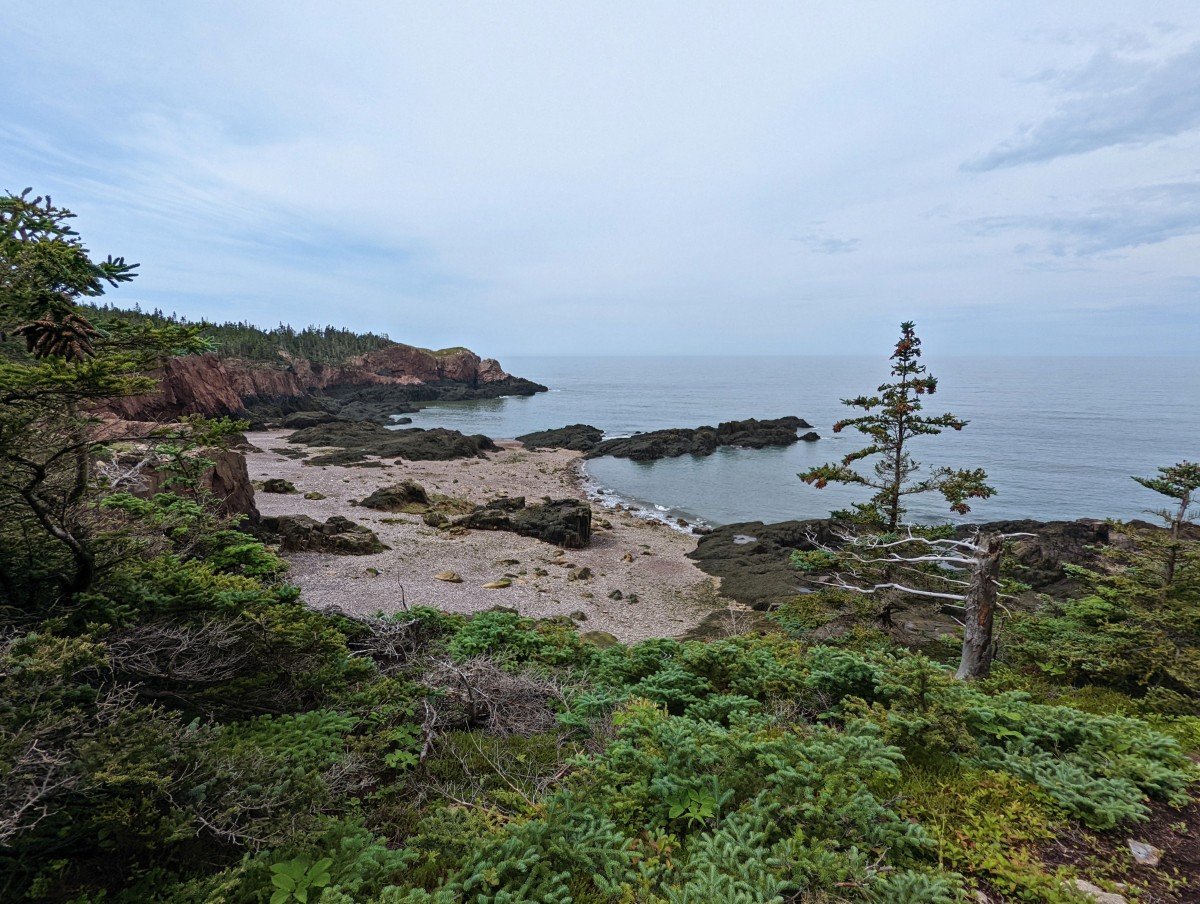 Side view of coastal scenery on the Cape Chignecto Trail - small trees, pebble beach, rocky headlands and cliffs