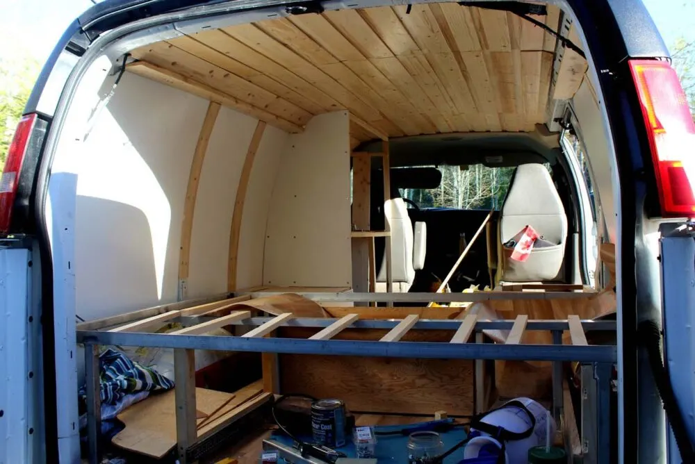 view from back cupboard farming gmc savana diy van conversion