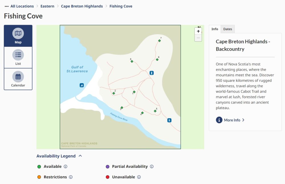 Screenshot of online Parks Canada Reservation Service with Fishing Cove map
