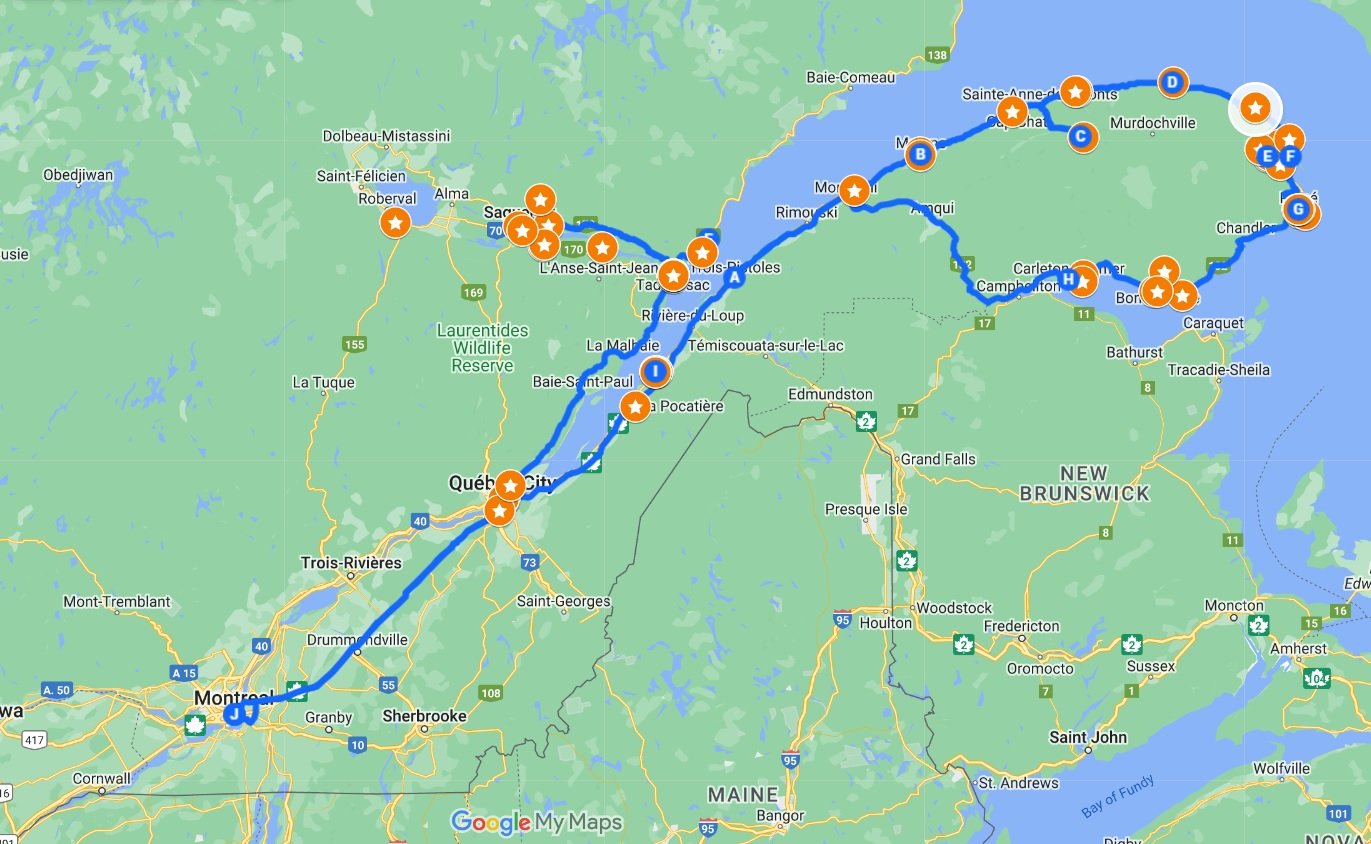 Screenshot of 2 week coastal Quebec road trip itinerary, with all places and route marked
