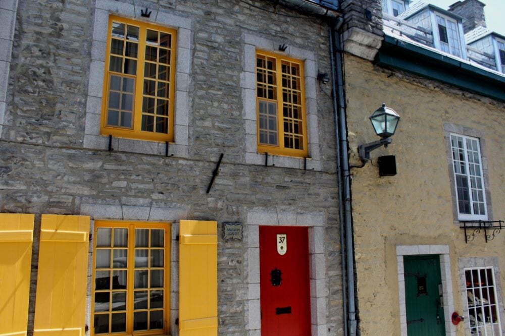 French style buildings in Quebec City with colourful doors and windows