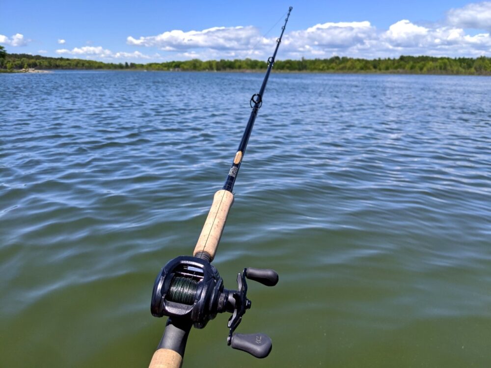 Fishing rod reeled out on Lake Huron