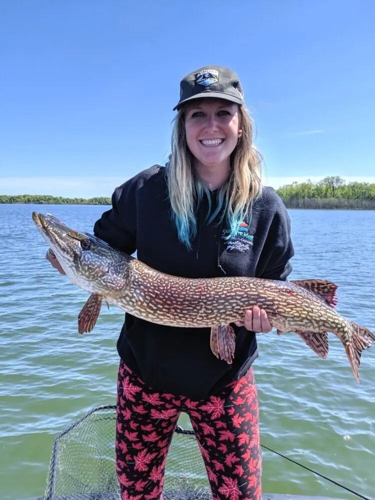 Lindsay holds a huge northern pike towards the camera