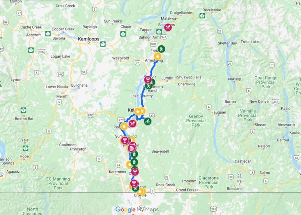 Screenshot of Okanagan Valley road trip Google Map