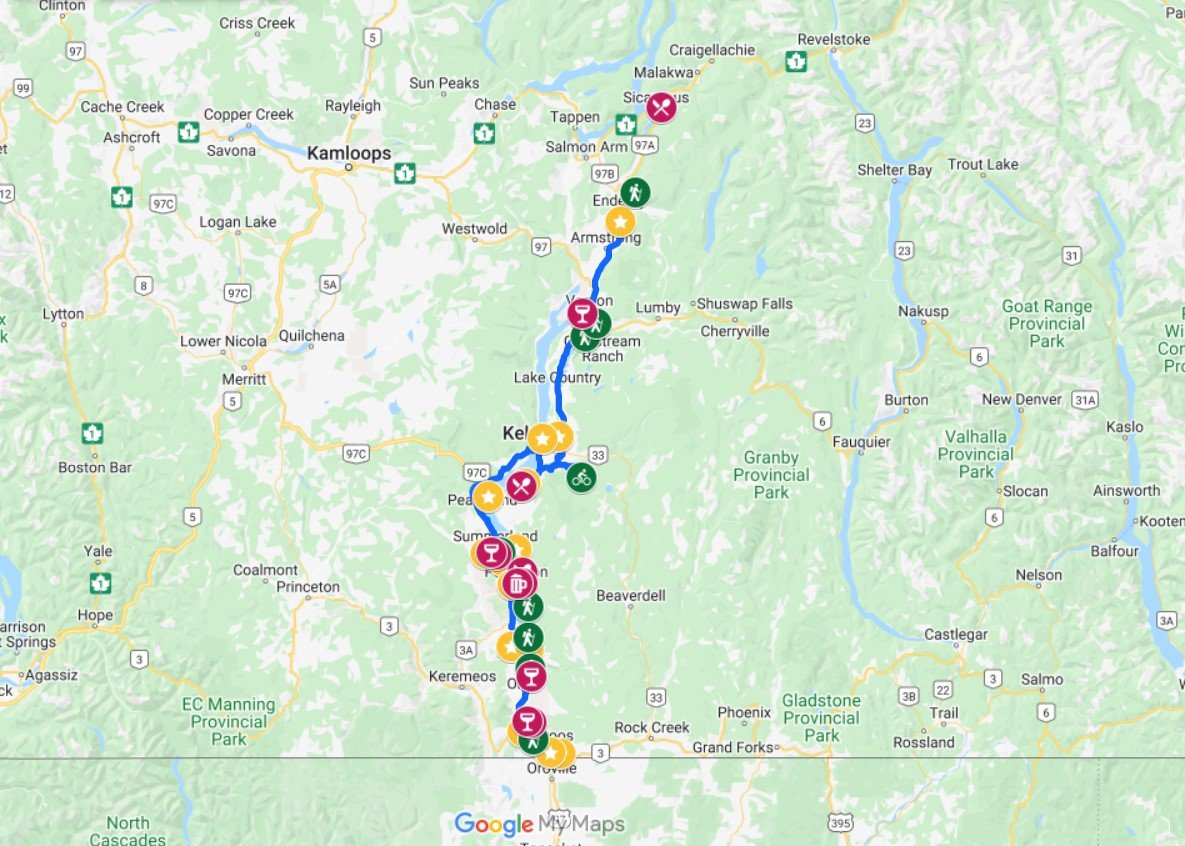 Screenshot of Okanagan Valley road trip Google Map