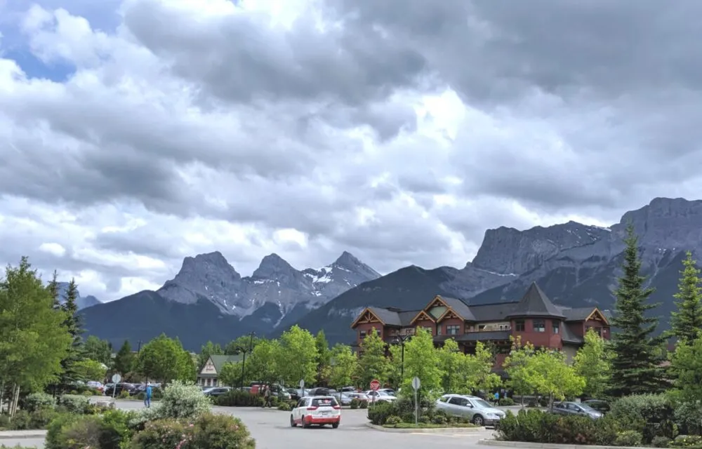 Suburban view of Canmore with mountain backdrop