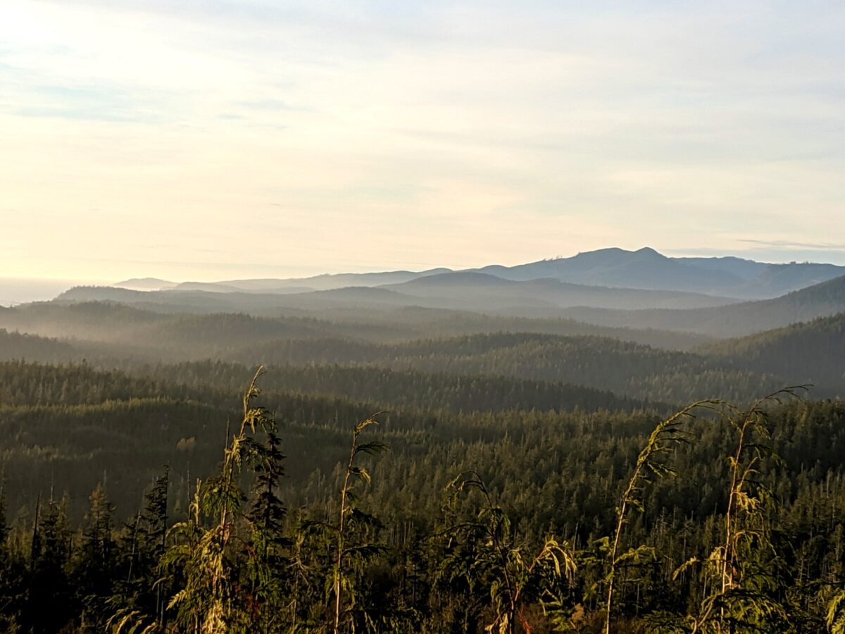 Elevated view looking over endless valleys with layered light and trees from crown land campsite in British Columbia