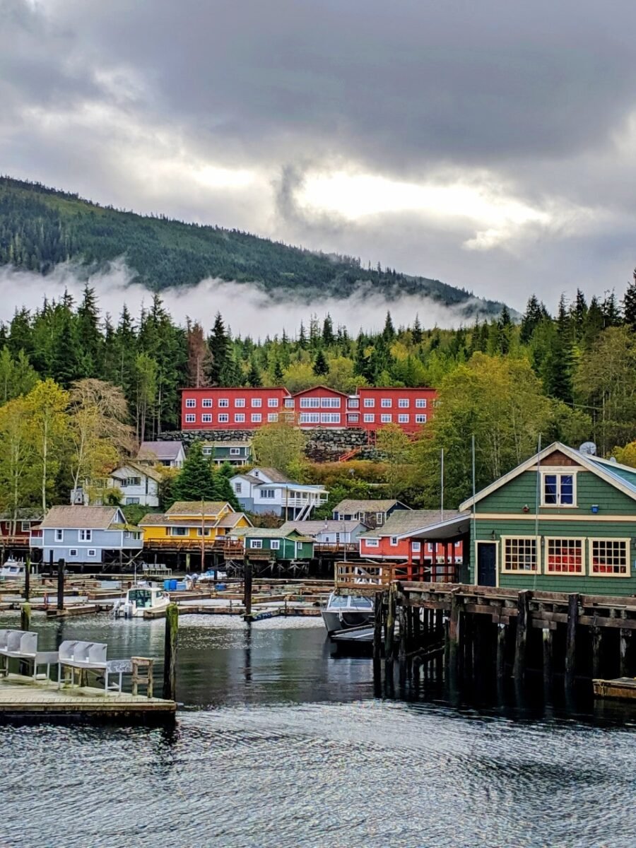 The colorful buildings and boardwalk of Telegraph Cove, Vancouver Island