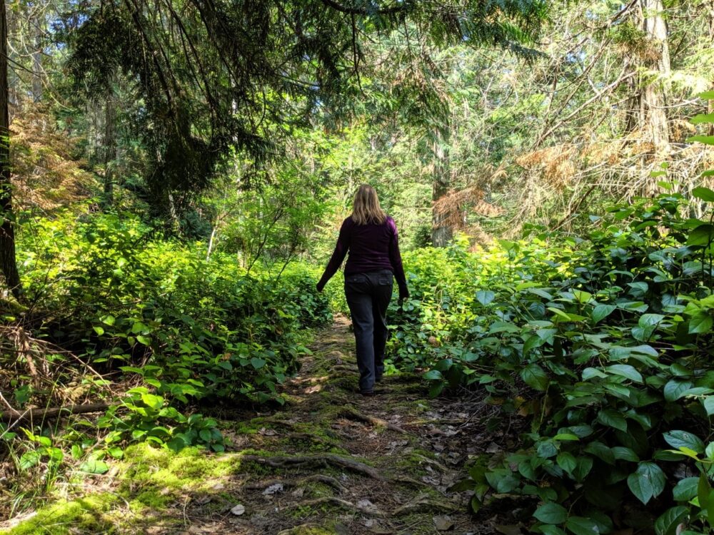 Gemma walking through green forest on dirt path with tree roots