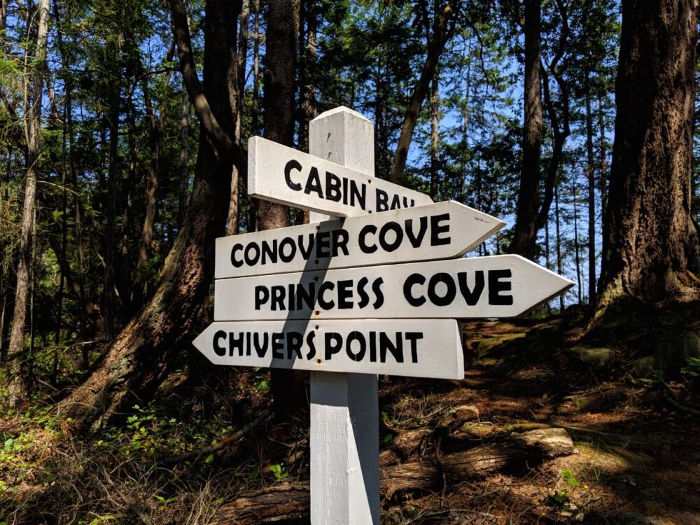 Wallace Island signs with Cabin Bay, Conover Cove, Princess Cove, Chivers Point all marked