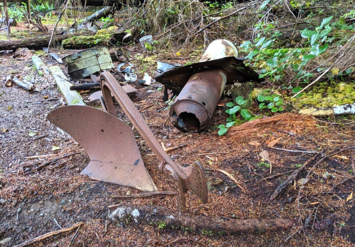 Rusting historical artifacts on the Cape Scott Trail, including a plow
