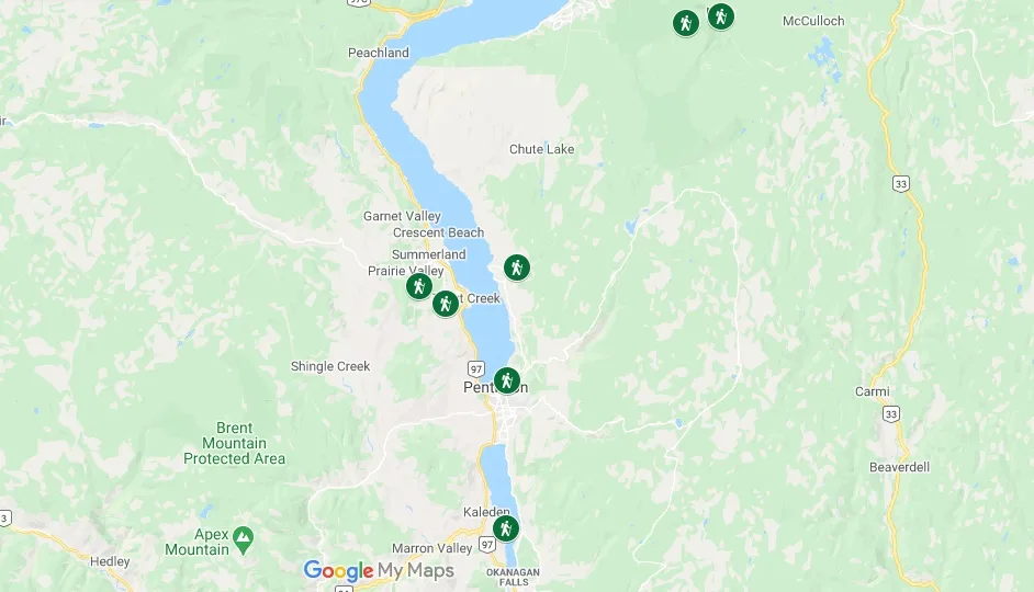 Screenshot of Google Map featuring KVR hike trailheads