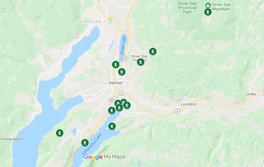 Screenshot of Google Map with Vernon hiking trailheads marked
