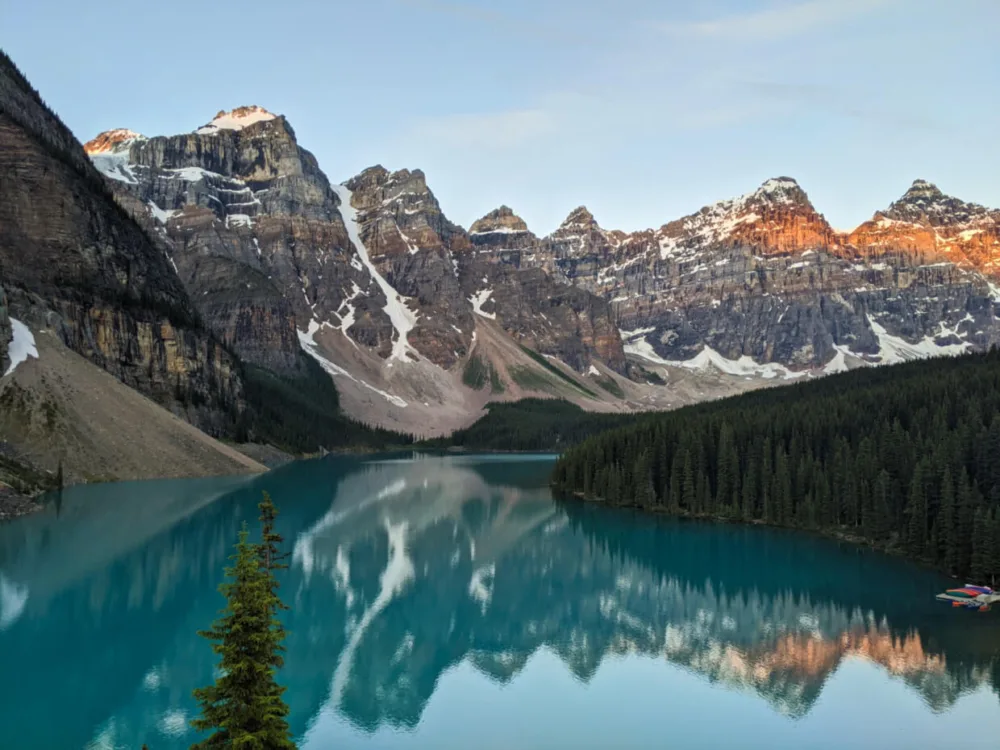 Iconic Moraine Lake view with ten snow capped peaks backdropping reflective lake