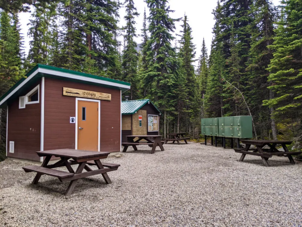 Another view of the communal area of the Lake O'Hara campground, with storage room, shelter (again, closed due to safety precautions), spaced picnic tables and one set of food lockers, all surrounded by forest