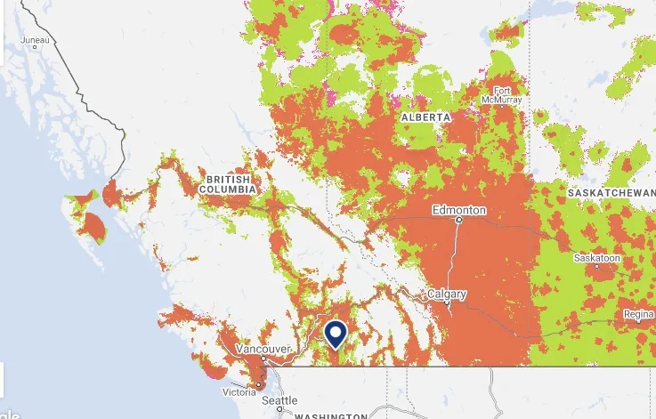 Mobile coverage map of British Columbia, showing that coverage is only available in major town and cities