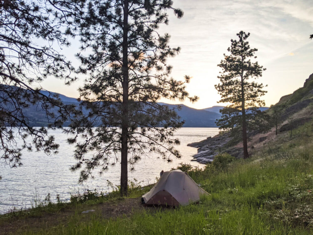 Set up tent in grassy area above calm Okanagan Lake, with sunset colours visible above distant mountains