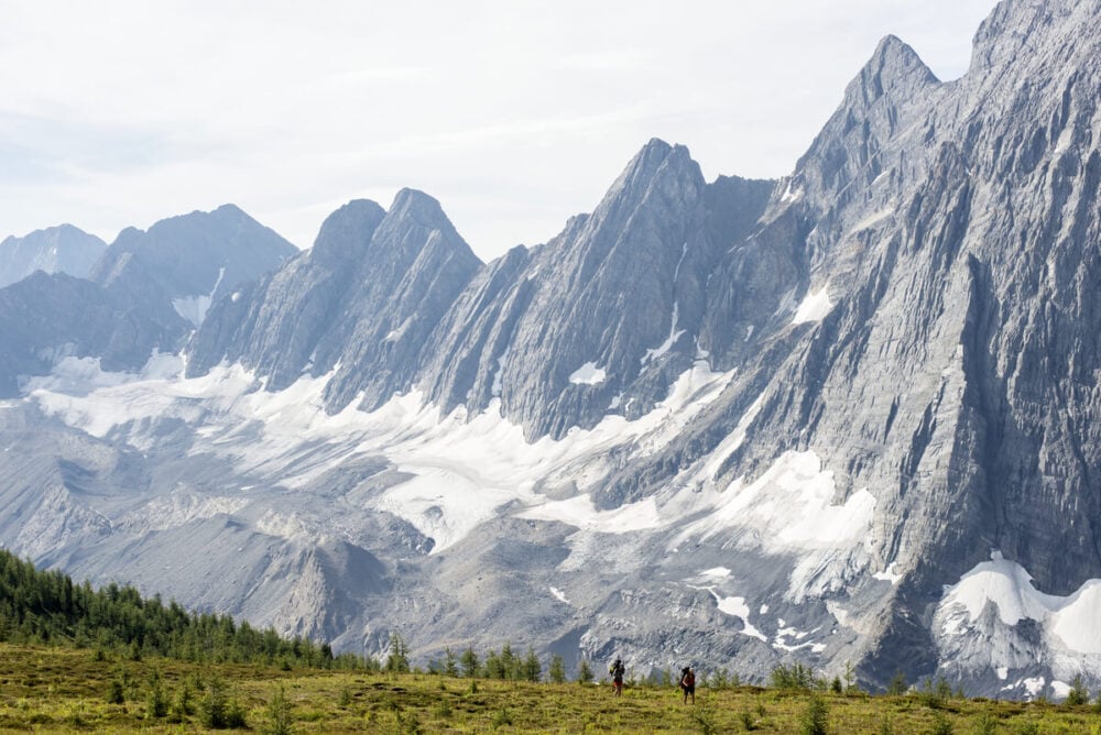 The dramatic 'Rockwall' formation with snow patches rises above a flat grassy plateau, with two hikes in foreground. Photo credit Destination BC Kari Medig