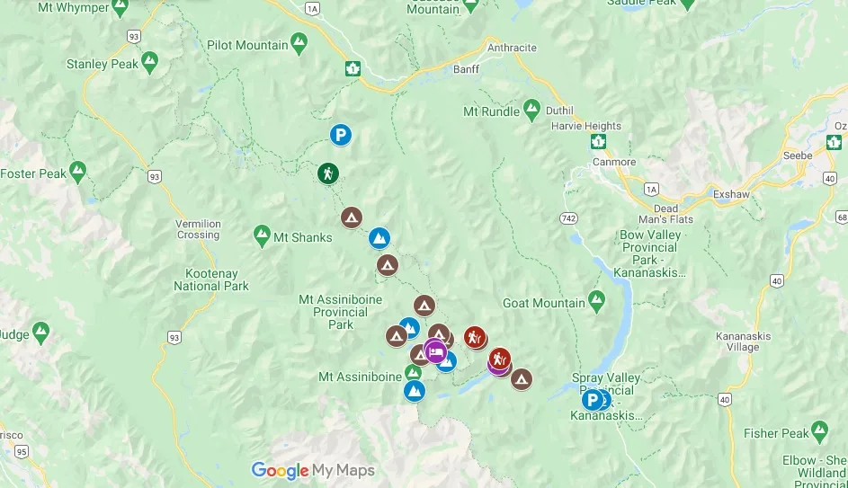 Screenshot of Mount Assiniboine Google Map with all campgrounds and trailheads featured