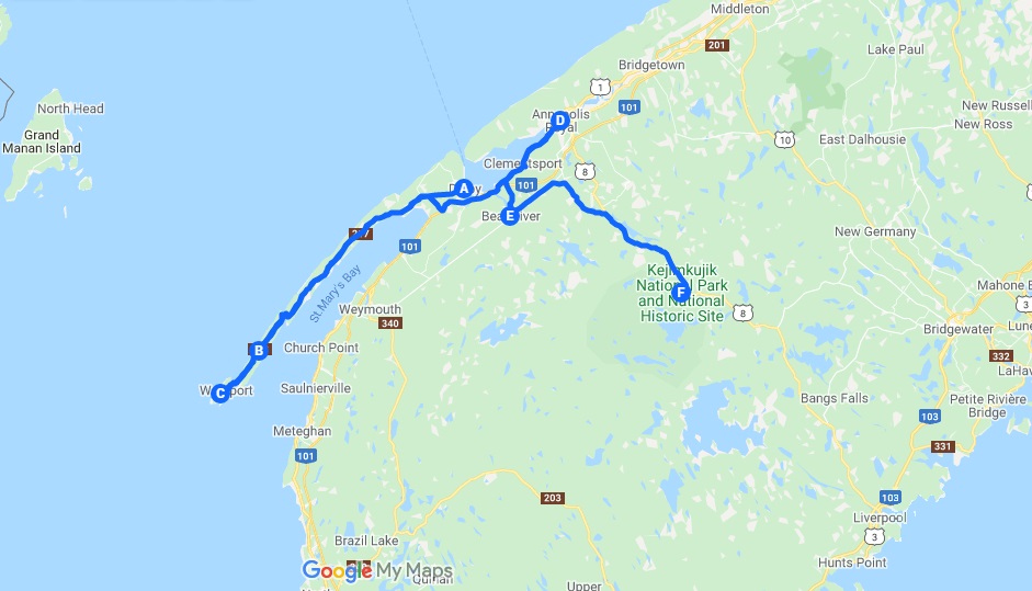 Digby Neck road trip Google Map Nova Scotia