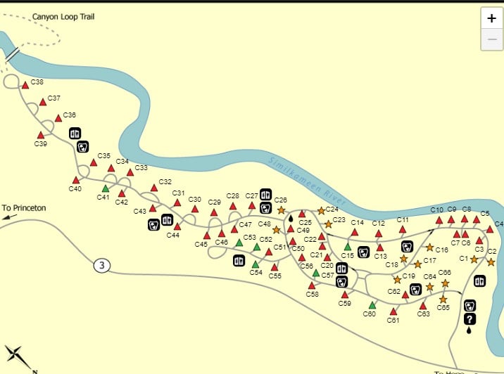 Screenshot of Coldspring Campground map on BC parks website - there are 66 campsites, marked in red, green or yellow