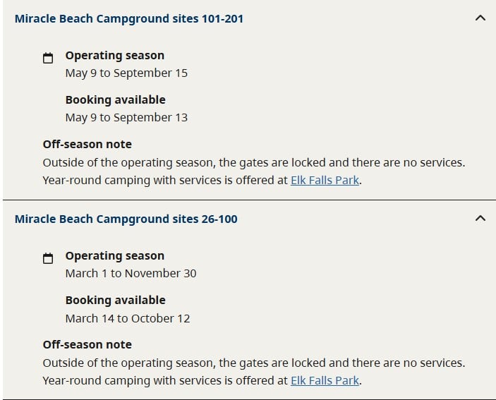 Screenshot of dates of operation of Miracle Beach campground