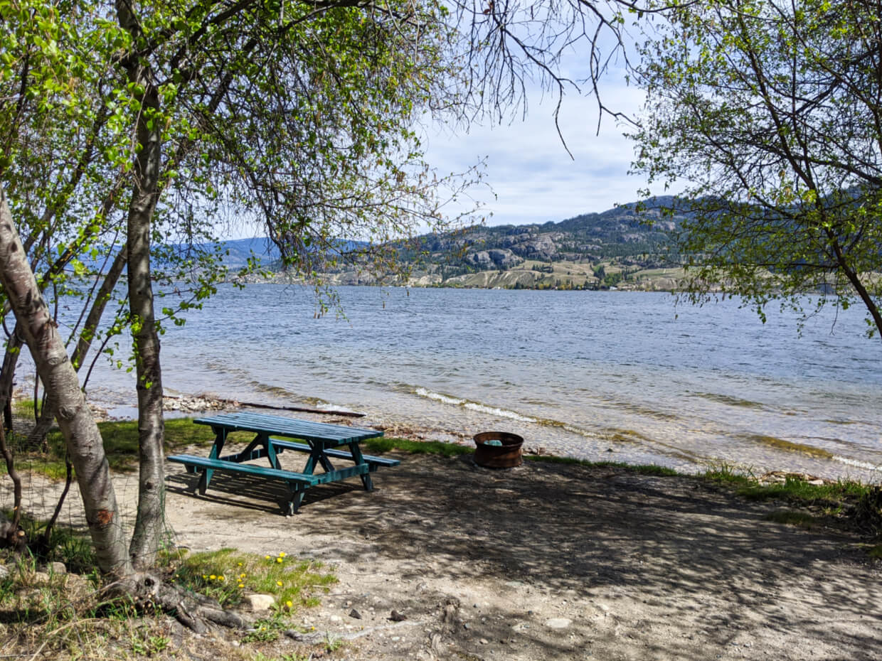 Picnic table and fire pit in dirt campsite next to Skaha Lake, with trees in foreground