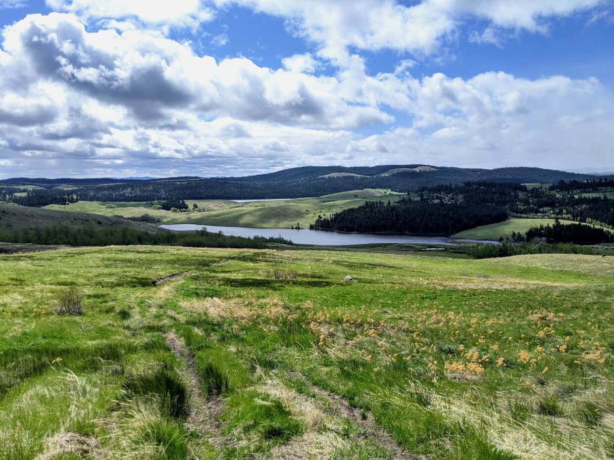 Looking over sloped grasslands to lake at the bottom of the valley, with forested hills in background